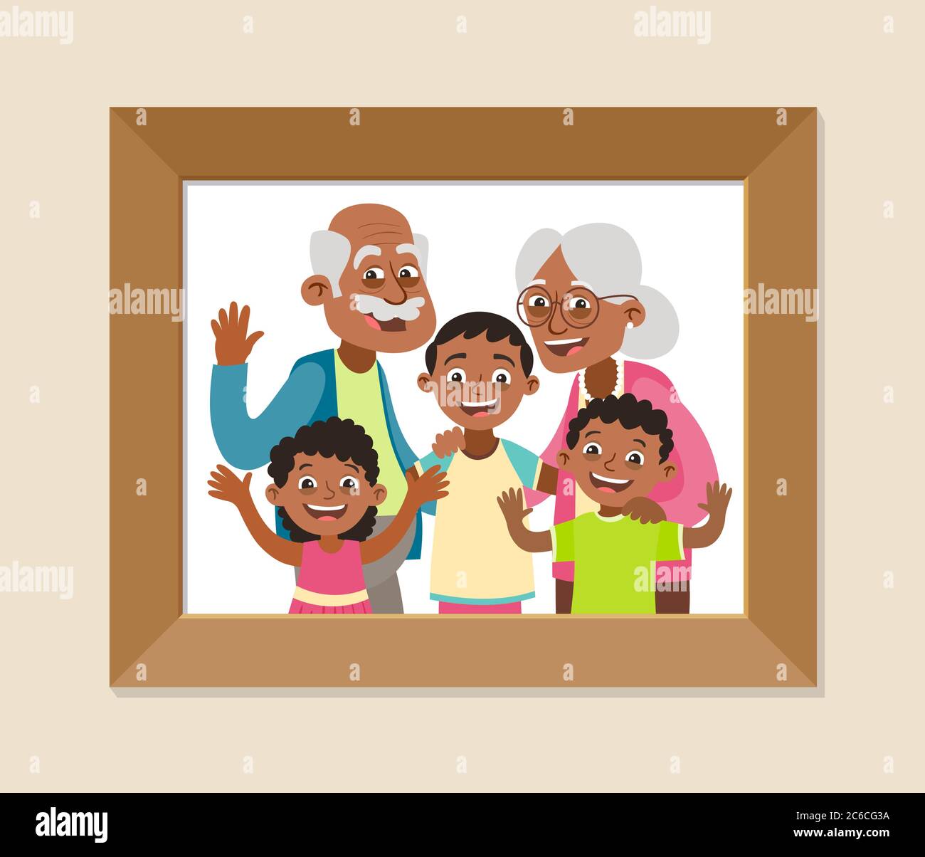 Großeltern und Enkel gerahmtes Foto. Großeltern Tag Feier. Glückliche Großeltern und Kinder. Vektorgrafik im Cartoon-Stil. Stock Vektor