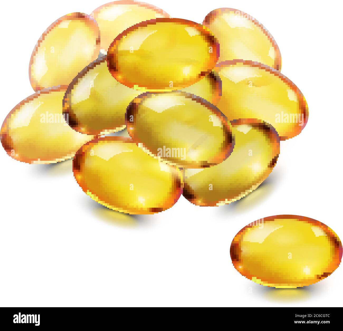 Öl Kapsel Gold ovale Blase isoliert auf weißem Hintergrund. Kosmetische Vitamin E, A, Omega 3. Antibiotika-Gel-Pille Icon-Vorlage für Leber, Fisch. Stock Vektor