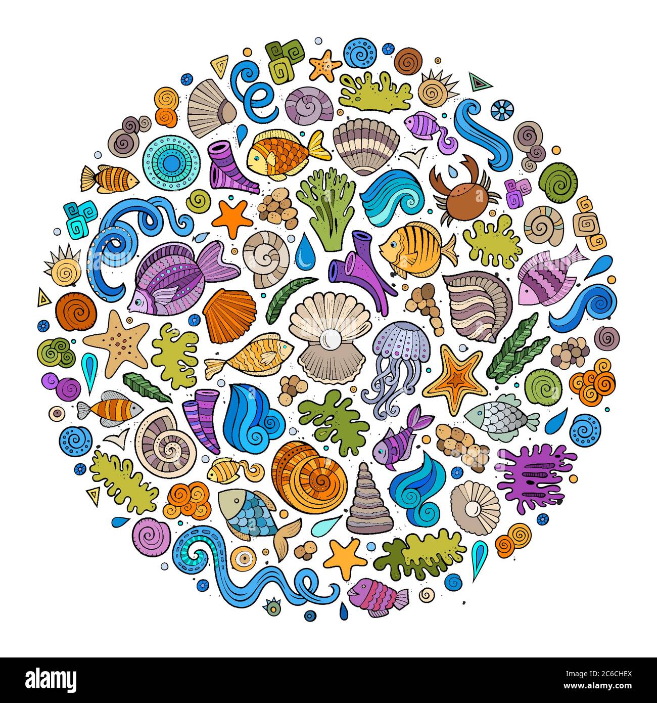 Set von Sealife Cartoon Doodle Objekte, Symbole und Elemente Stock Vektor