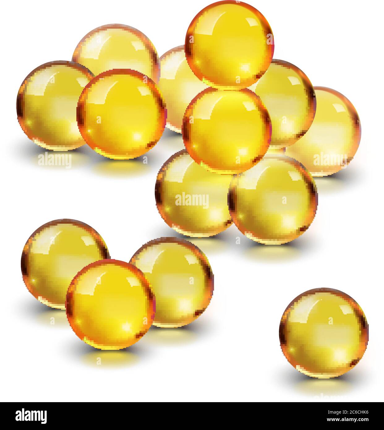 Ölgold Glaskugel isoliert in Vektor auf weißem Hintergrund. Kosmetische Pille Kapsel von Vitamin E, A, Arganöl, Mandel, Kabeljau Leber, Omega-3, Fisch. Stock Vektor