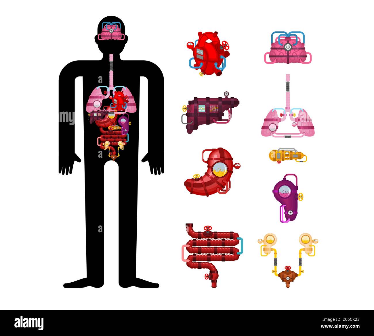 Metall menschliche Anatomie Organe. Künstliches Organ. Zukunft der Kybernetik. Robotersysteme des menschlichen Körpers. Roboter interne Organe. Eisen Cyborg Speiseröhre Organe sy Stock Vektor