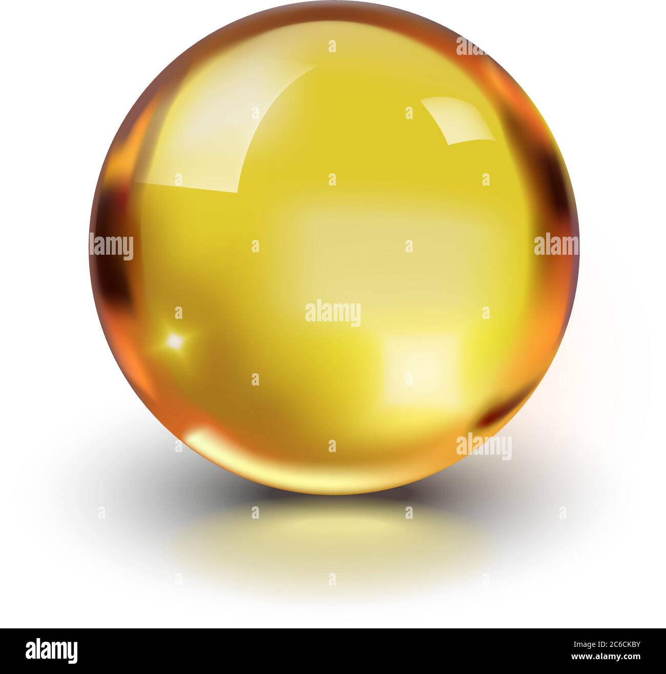 Ölgold Glaskugel isoliert in Vektor auf weißem Hintergrund. Kosmetische Pille Kapsel von Vitamin E, A, Arganöl, Mandel, Kabeljau Leber, Omega-3, Fisch. Stock Vektor