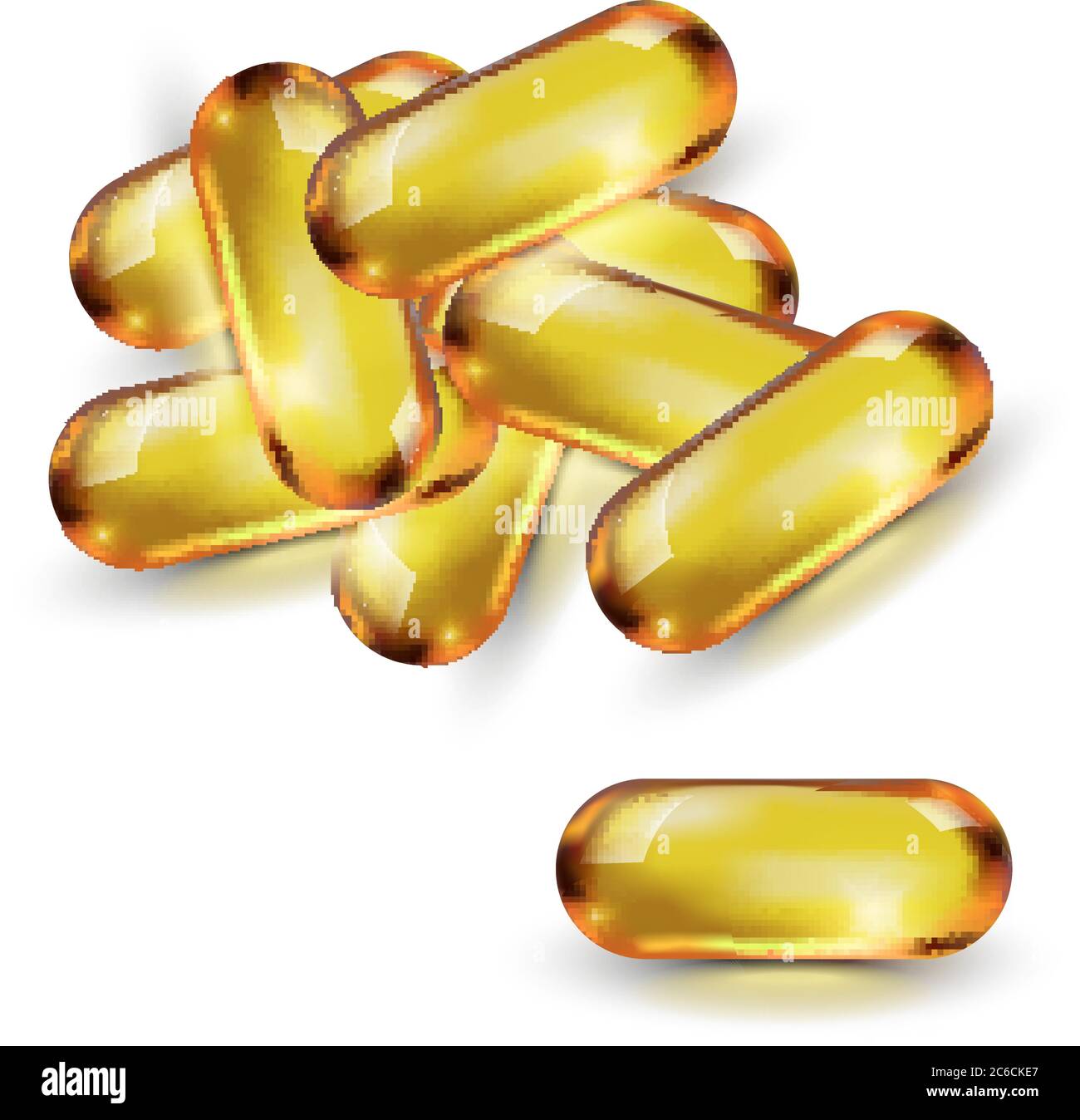 Öl goldene Kapsel in Vektor isoliert auf weißem Hintergrund. Kosmetische Pille Kapsel von Vitamin E, A, Argan-Mandelöl, Omega-3, Fisch. Stock Vektor