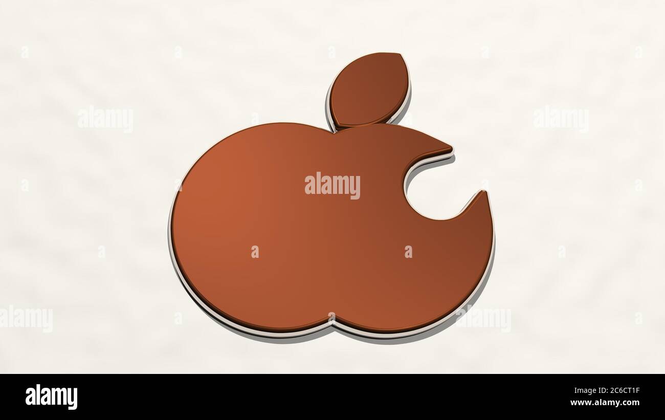 APFELFRUCHT MIT BISS aus einer Perspektive an der Wand. Eine dicke Skulptur aus metallischen Materialien von 3D-Rendering. Hintergrund und Illustration Stockfoto