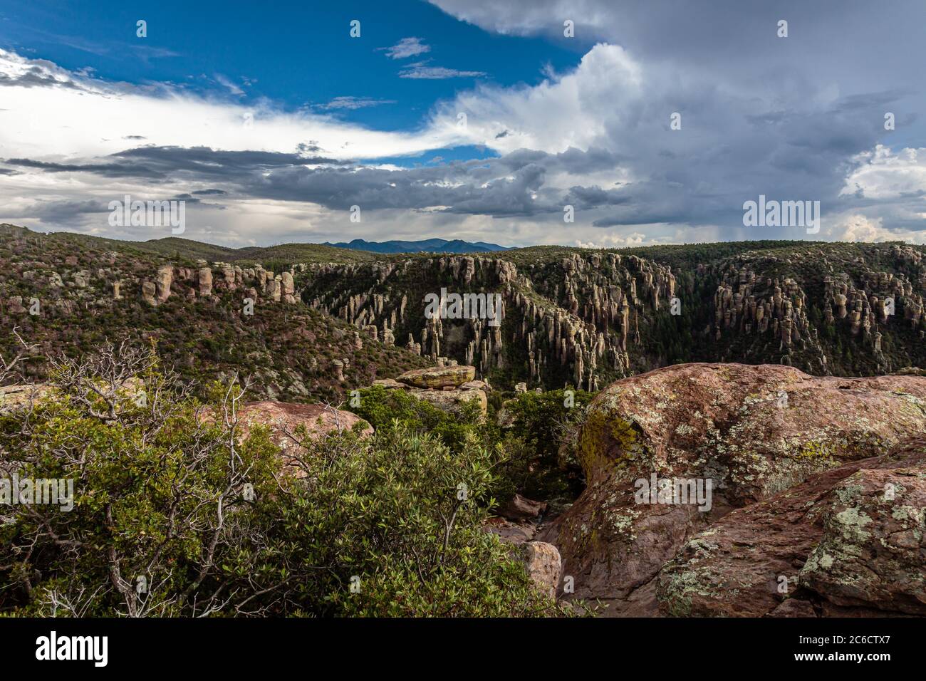 Dieser Blick auf den Zuckerhut bietet einen weiten Blick auf den Rhyolite Canyon im Chiricahua National Monument im Süden Arizonas. Stockfoto