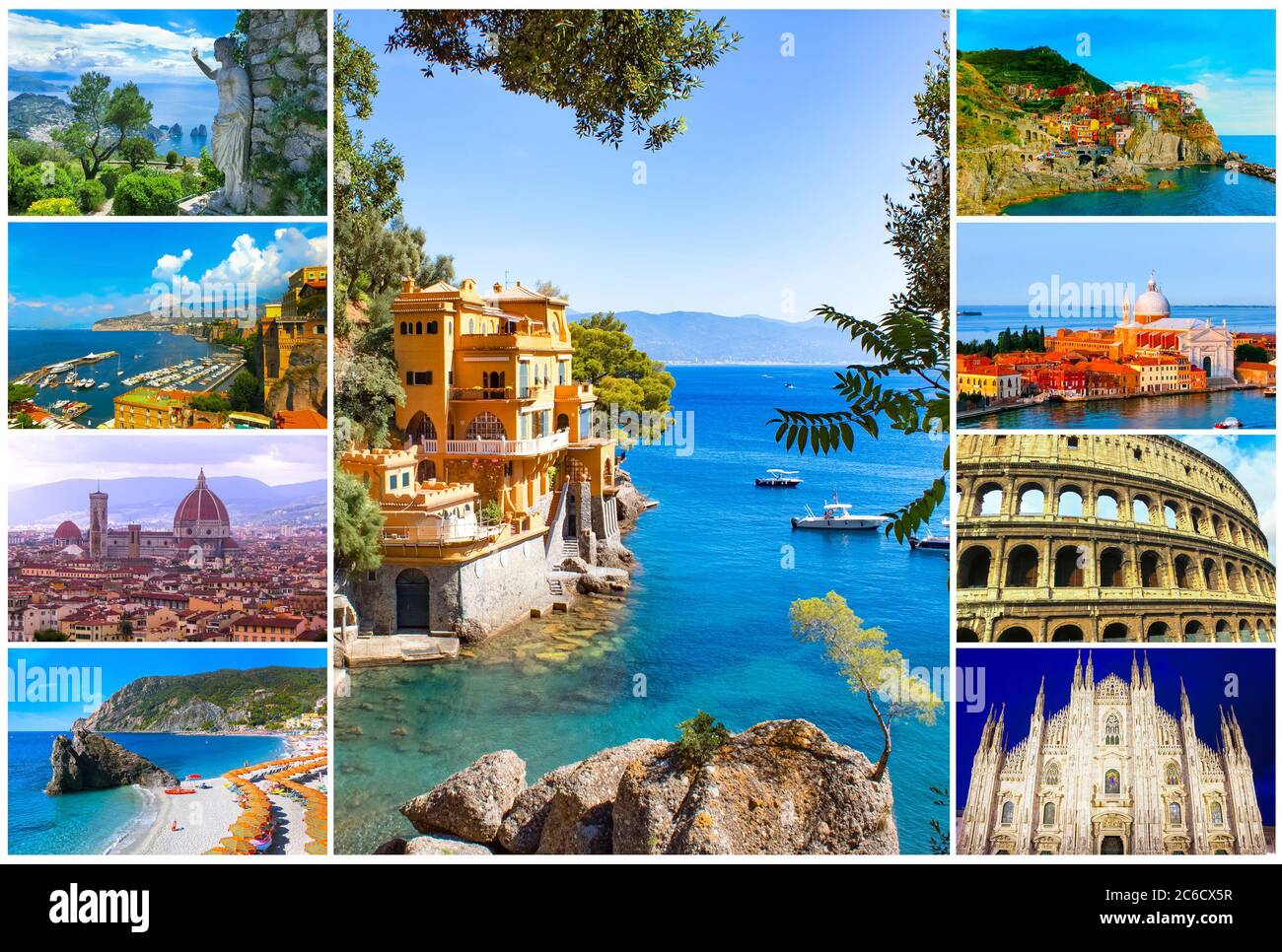 Collage von Reisezielen aus Fotos von Italien. Die Landschaften von Mailand, Venedig, Capri Insel, Manarola, Rom, Florenz, Sorrento, Portofino Stockfoto