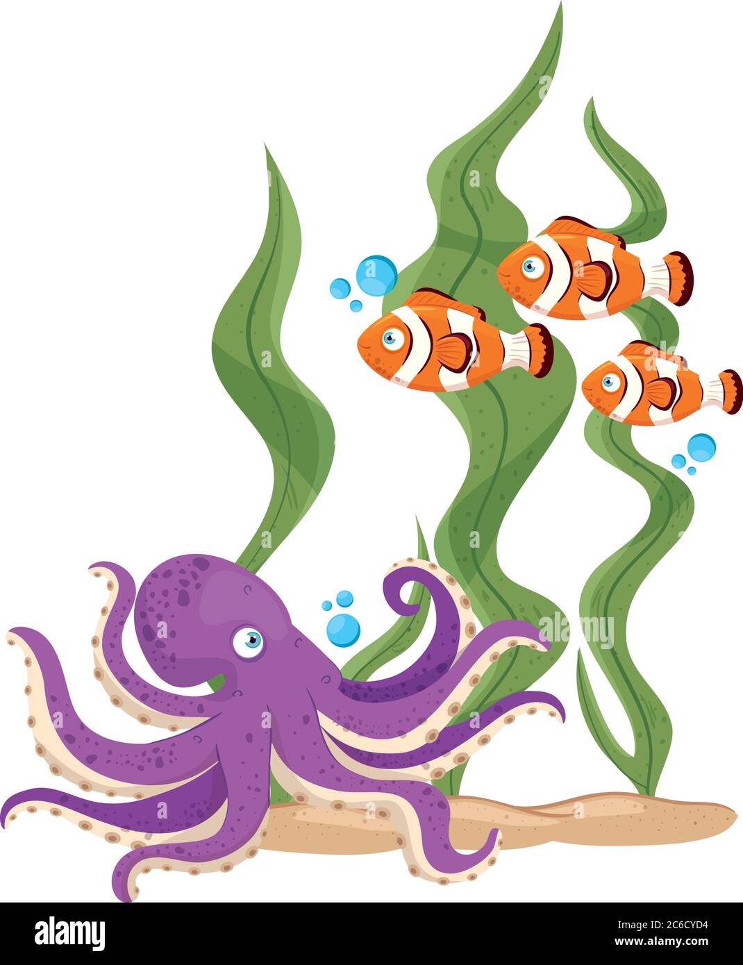 Unterwasserwelt, Fische und Kraken mit Algen auf weißem Hintergrund Stock Vektor