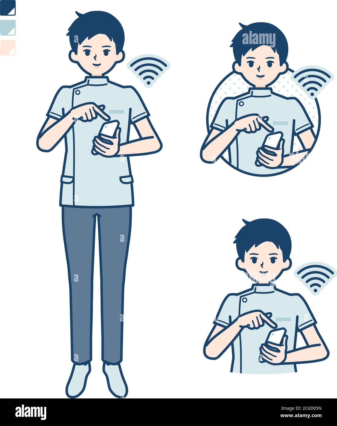 Ein junger Krankenschwester Mann mit bedienen Smartphone-Bilder. Es ist Vektorgrafik, so dass es einfach zu bearbeiten ist. Stock Vektor