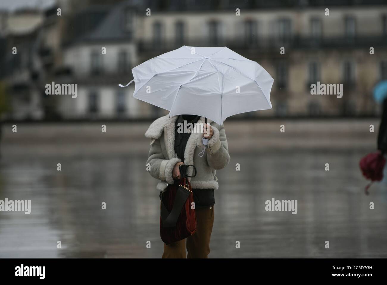 Menschen mit einem Regenschirm an einem regnerischen Tag in Paris Stockfoto