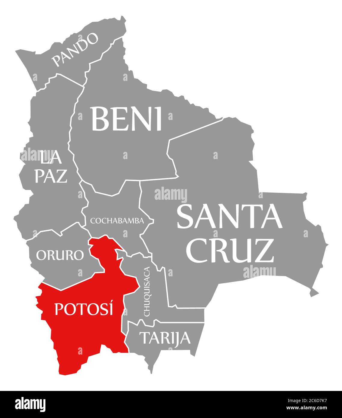Potosi rot hervorgehoben in der Karte von Bolivien Stockfoto