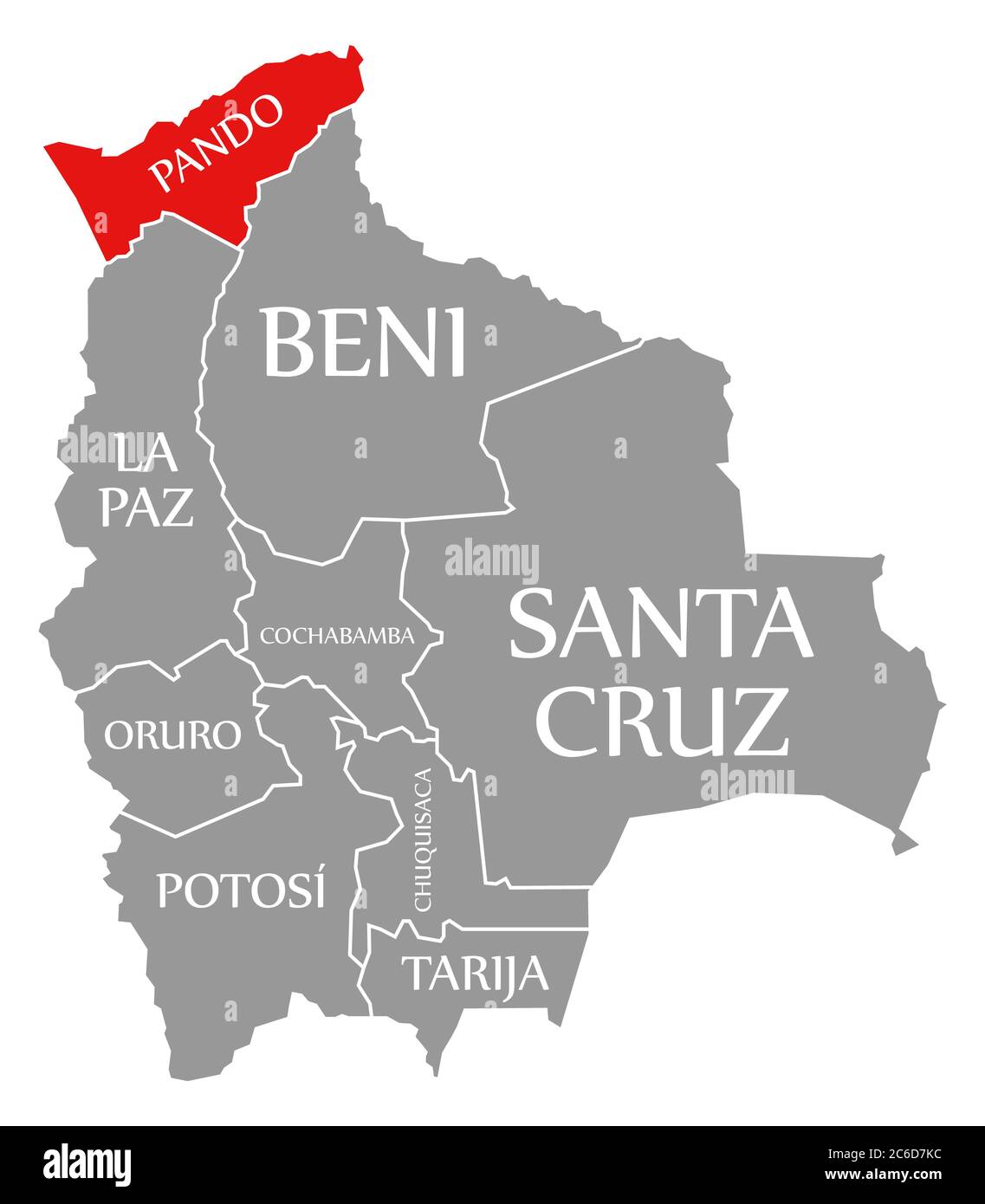Pando rot in der Karte von Bolivien hervorgehoben Stockfoto