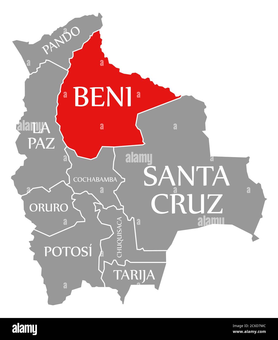 Beni rot in der Karte von Bolivien hervorgehoben Stockfoto