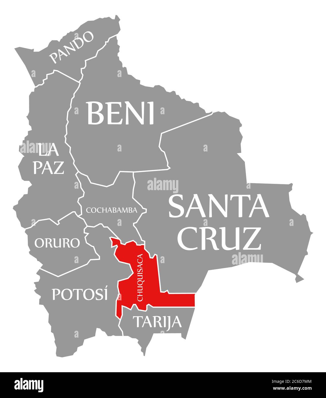 Chuquisaca rot in der Karte von Bolivien hervorgehoben Stockfoto