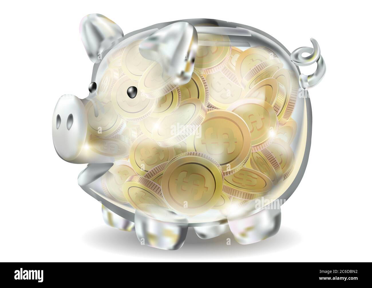 Sparschwein 3d realistisches Glas auf weißem Hintergrund. Münzen, Sparungen, Bank, Geld Geld Geld Bargeld Gold Dollar, das Jahr des Schweins, Reichtum, Speichern Schwein Stockfoto