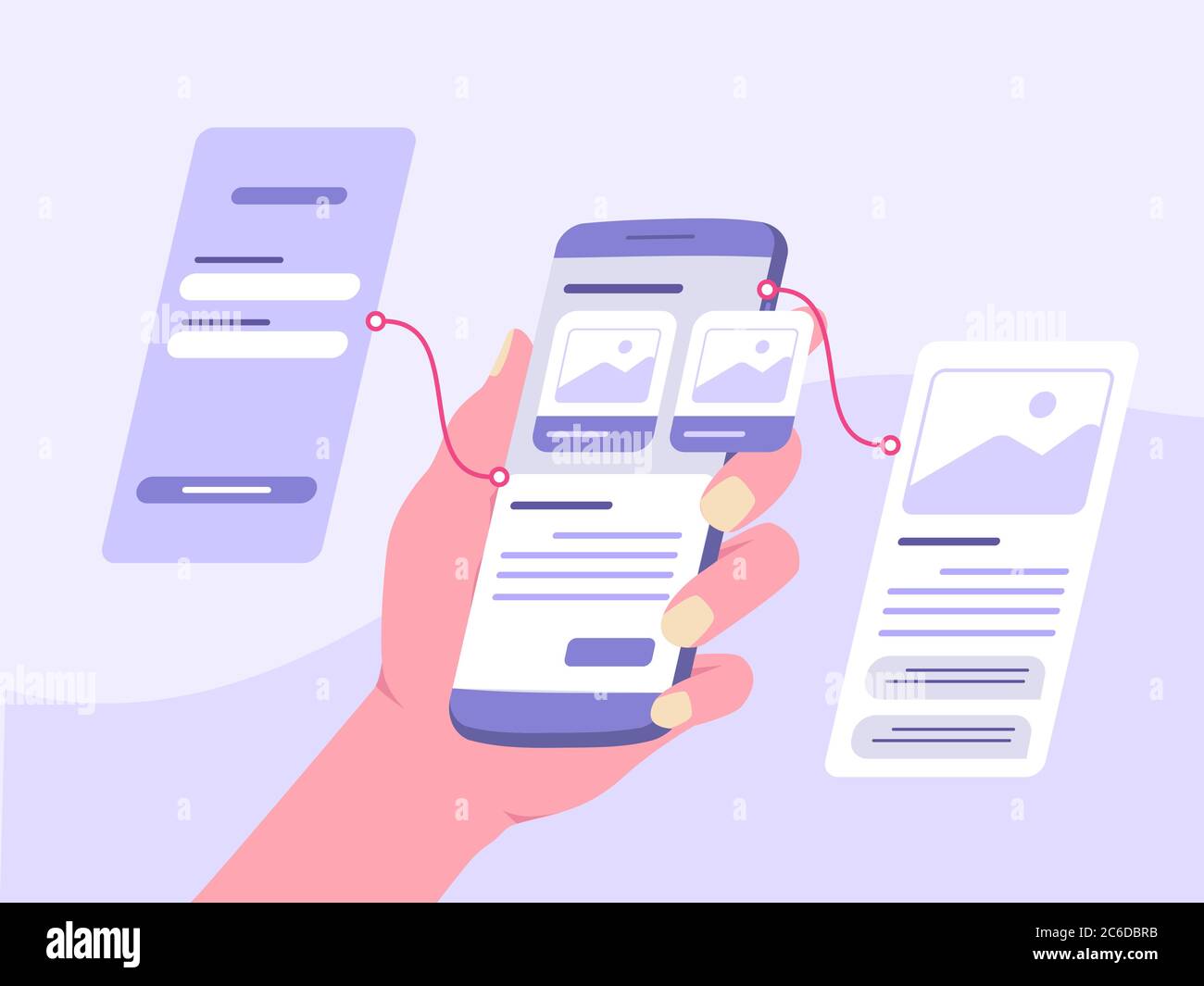 Hand halten Smartphone Demonstration Armaturenbrett Prototyp mobile App mit flachen Cartoon-Stil. Stock Vektor