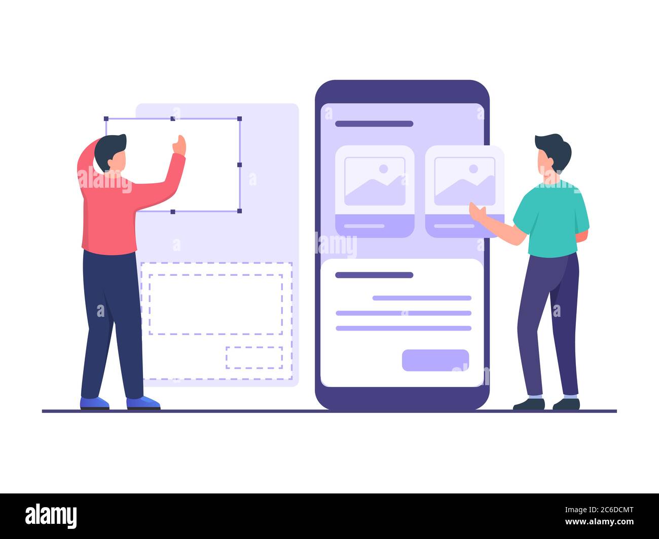 UI Designer erstellen Wireframe mit Tool in Zusammenarbeit mit Entwickler Design mobile Apps auf großen Smartphone mit flachen Cartoon-Stil. Stock Vektor