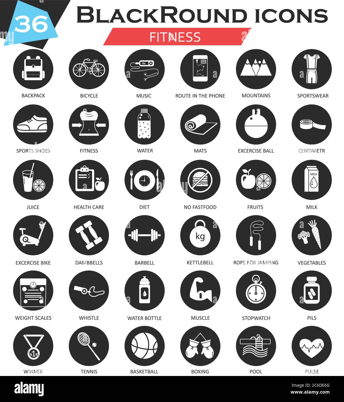 Vector Sport Fitness Kreis weiß schwarz Icon Set. Ultramodernes Icon-Design für das Web Stock Vektor