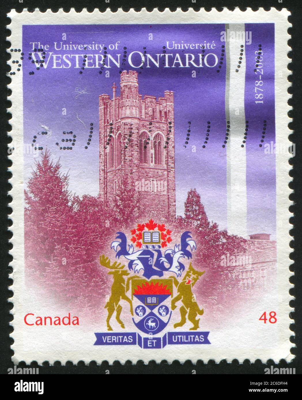 KANADA - UM 2003: Briefmarke gedruckt von Kanada, zeigt University of Western Ontario, London, Ont., 125. Anniv., um 2003 Stockfoto