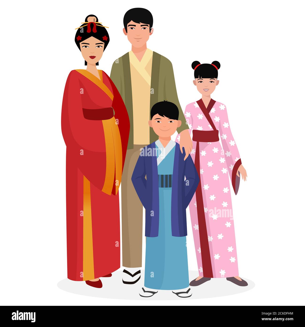 Japanische Familie. Japanischer Mann und Frau mit Kindern in traditioneller nationaler Kleidung Stock Vektor