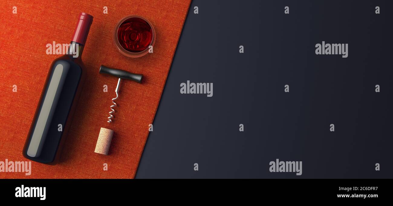Draufsicht Weinflasche und Korkenzieher auf roter Tischdecke, Mockup-Präsentation Stockfoto