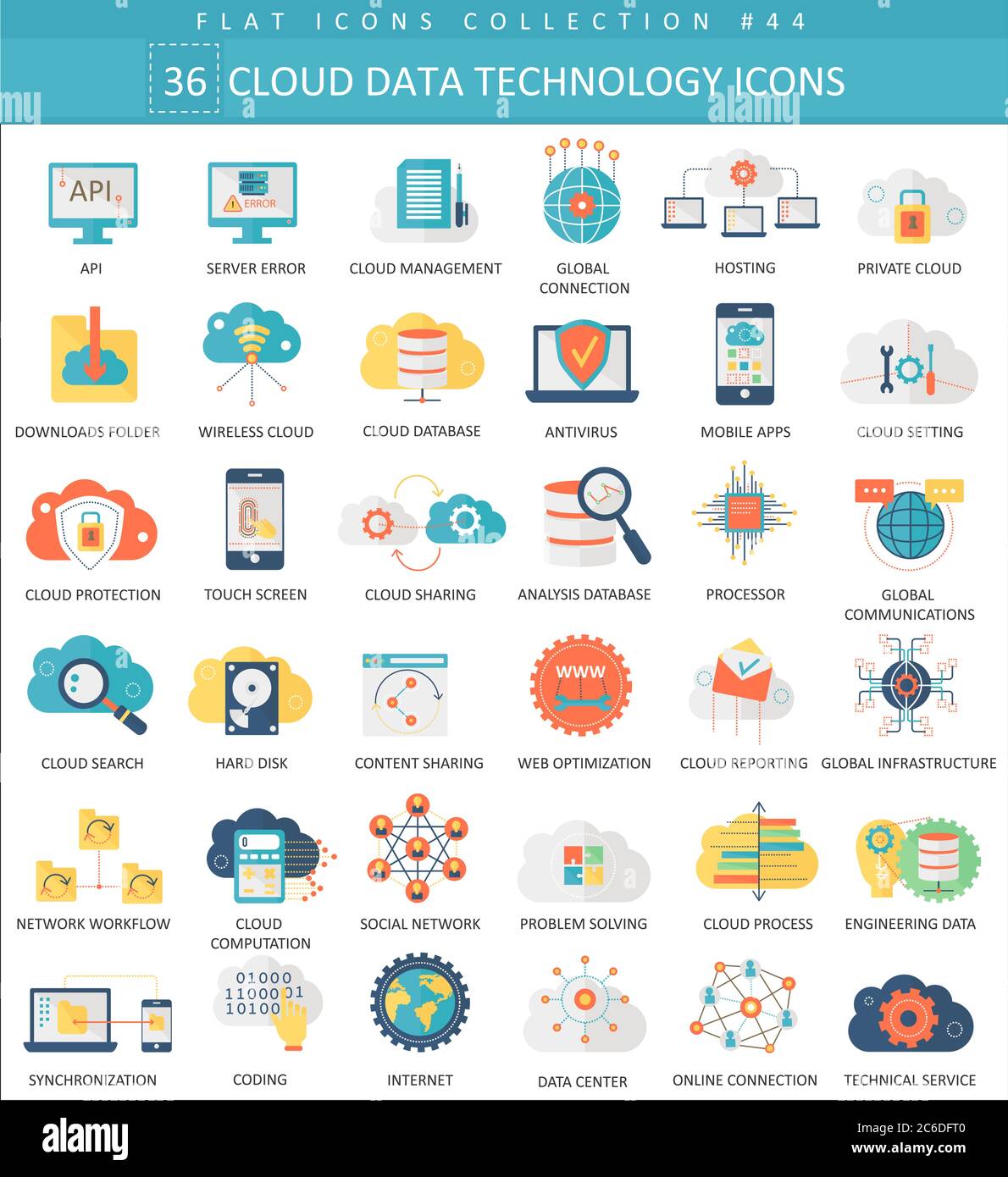 Vector Cloud Datentechnologie Farbe flach Symbol gesetzt. Elegantes Design Stock Vektor