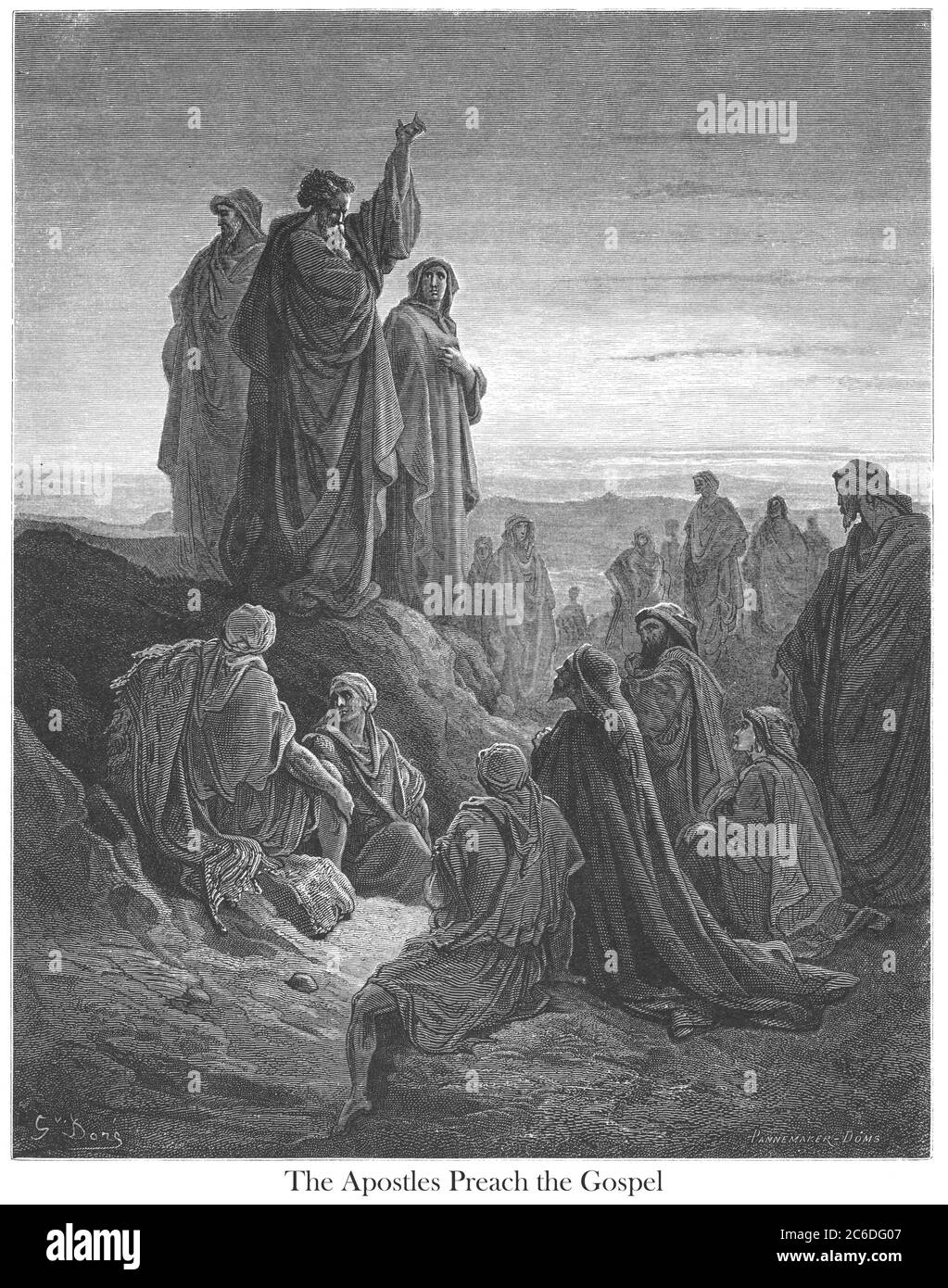 Die Apostel predigen das Evangelium [Apostelgeschichte 2:32-33] aus dem Buch "Bible Gallery" illustriert von Gustave Dore mit Memoir of Dore und Beschreibenden Brief-Presse von Talbot W. Chambers D.D. Herausgegeben von Cassell & Company Limited in London und gleichzeitig von Mame in Tours, Frankreich im Jahr 1866 Stockfoto