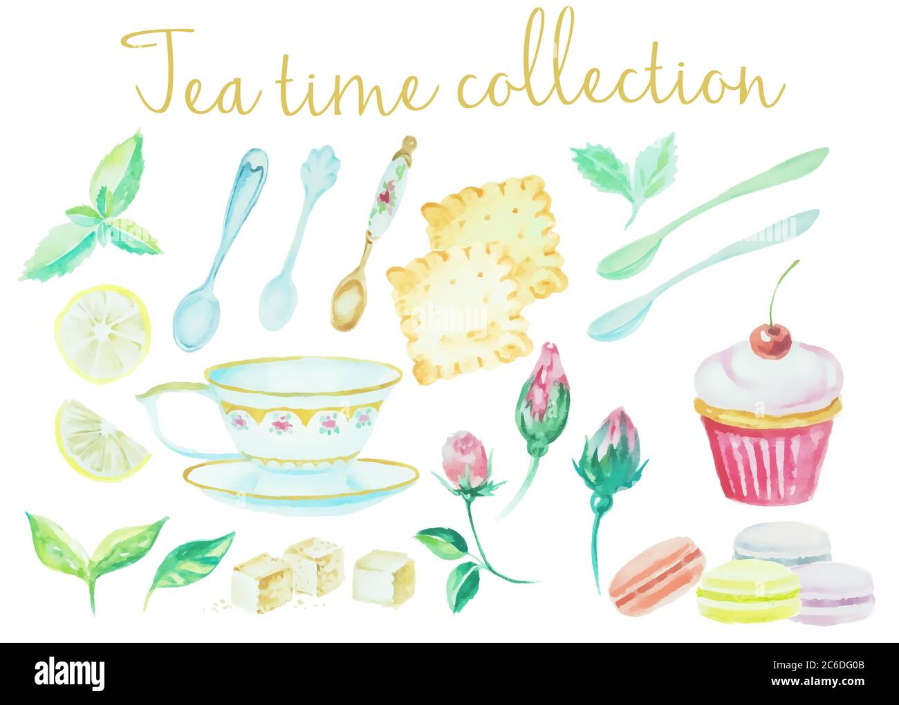 Teestunde. Vintage Aquarell Tassen, Löffel, Blumen, Kuchen, Cookies High Detail Sammlung. Aquarell-Set von Gerichten für Restaurant-Set, Aquarell Zeichnung Grafik Stock Vektor