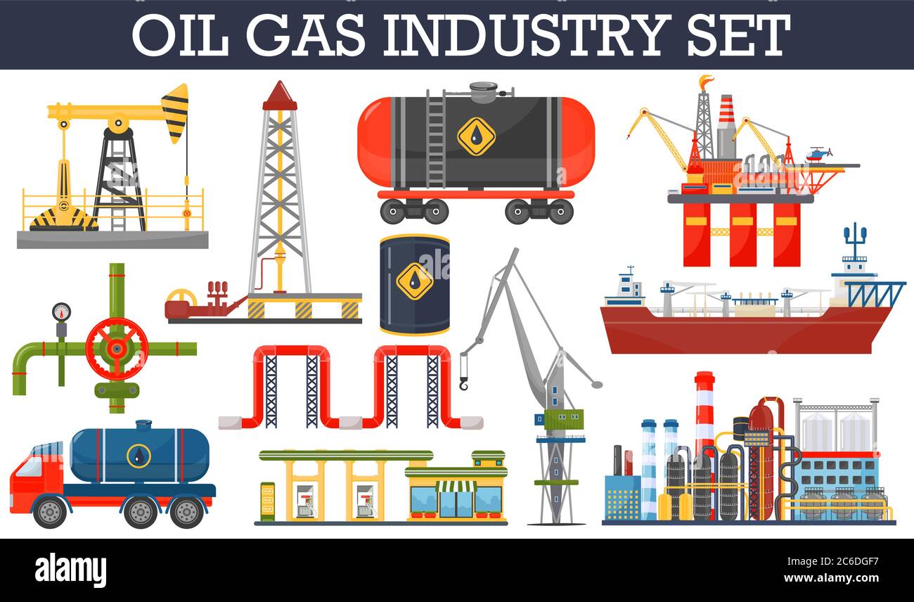 Infografiken der Erdgasindustrie Konzept. Symbole für den Transport und die Verteilung von Benzin-Diesel-Kraftstoff Stock Vektor