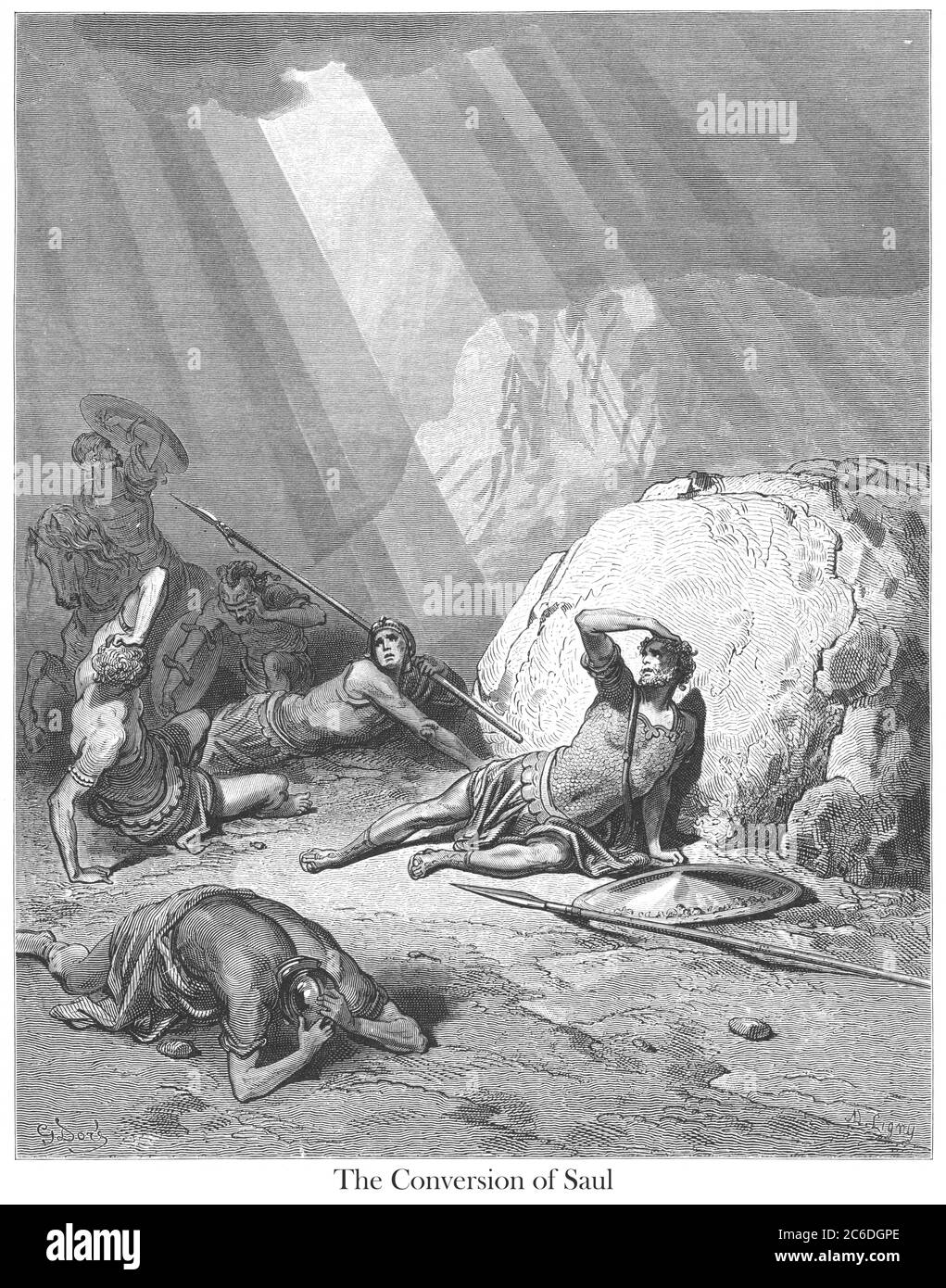 Bekehrung Sauls aus dem Buch "Bible Gallery" illustriert von Gustave Dore mit Memoir of Dore und Beschreibenden Briefen-Presse von Talbot W. Chambers D.D. Herausgegeben von Cassell & Company Limited in London und gleichzeitig von Mame in Tours, Frankreich im Jahr 1866 Stockfoto
