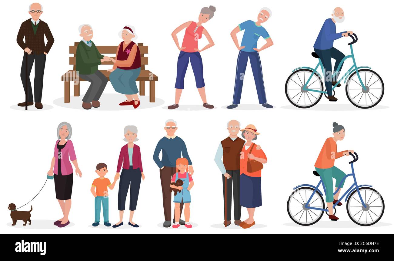 Alte Menschen in verschiedenen Aktivitäten Situationen Sammlung. Großeltern Paare eingestellt Stock Vektor