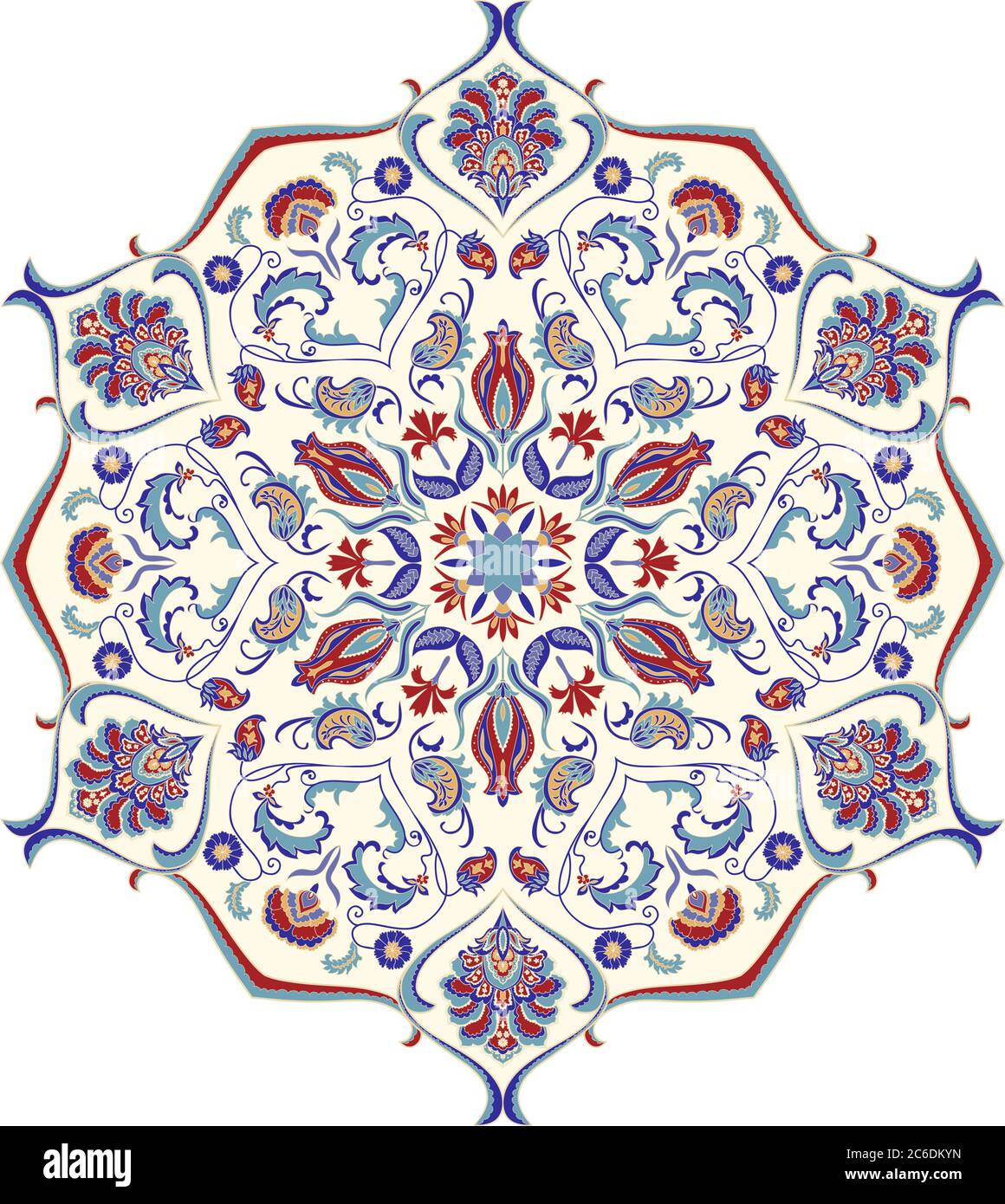 Handgezeichnetes Mandala mit Blumenmuster. Türkisches Motiv. Runder, farbenfroher Blumenschmuck im traditionellen orientalischen Muster. Isoliertes Dekorelement für Design. Stock Vektor