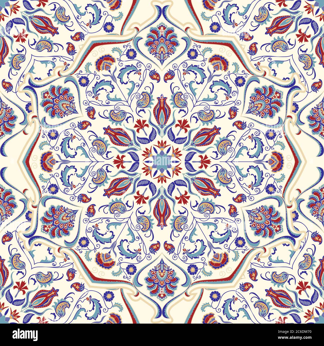 Nahtloses buntes Muster mit floralem Mandala. Vintage-Deko-Element. Handgezeichnetes Blumenmuster im türkischen Stil. Arabisches, indisches, osmanisches Motiv. Stock Vektor