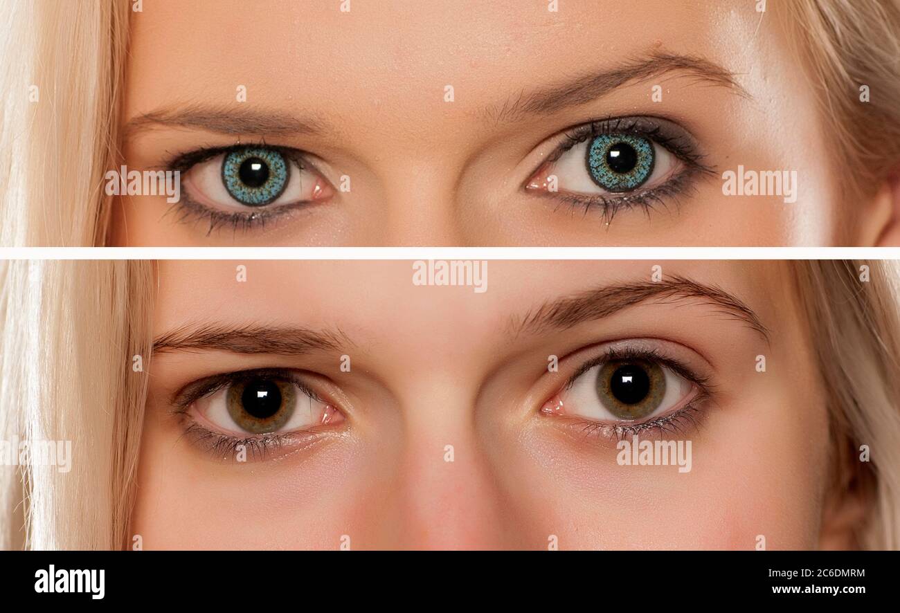 Vergleich von weiblichen Augen, mit und ohne farbige Kontaktlinsen Stockfoto