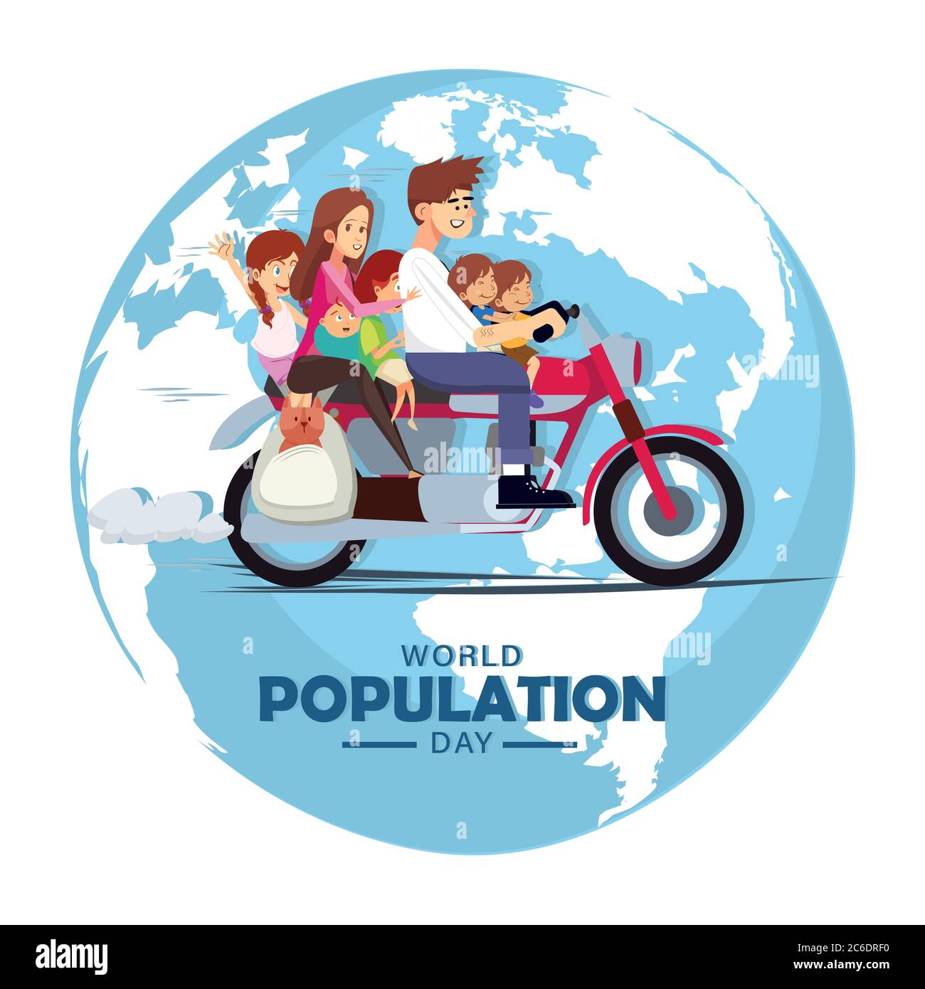 Weltbevölkerung Tag, Reiten ganze Familie mit Hund auf einem Motorrad, Motorrad um den Globus, Poster, Vektor-Illustration Stock Vektor
