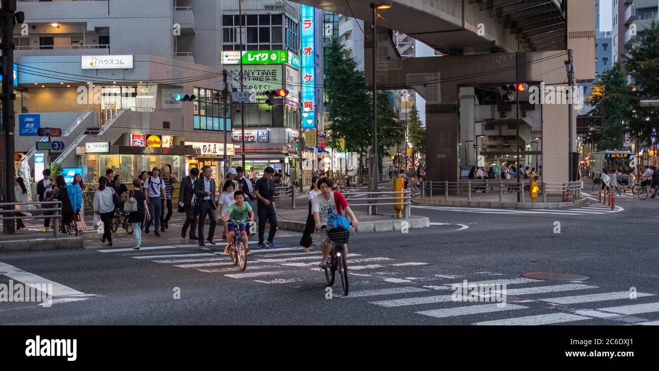 Fußgängerüberweg über die Sangenjaya-Straße, Tokio, Japan bei Dämmerung. Stockfoto