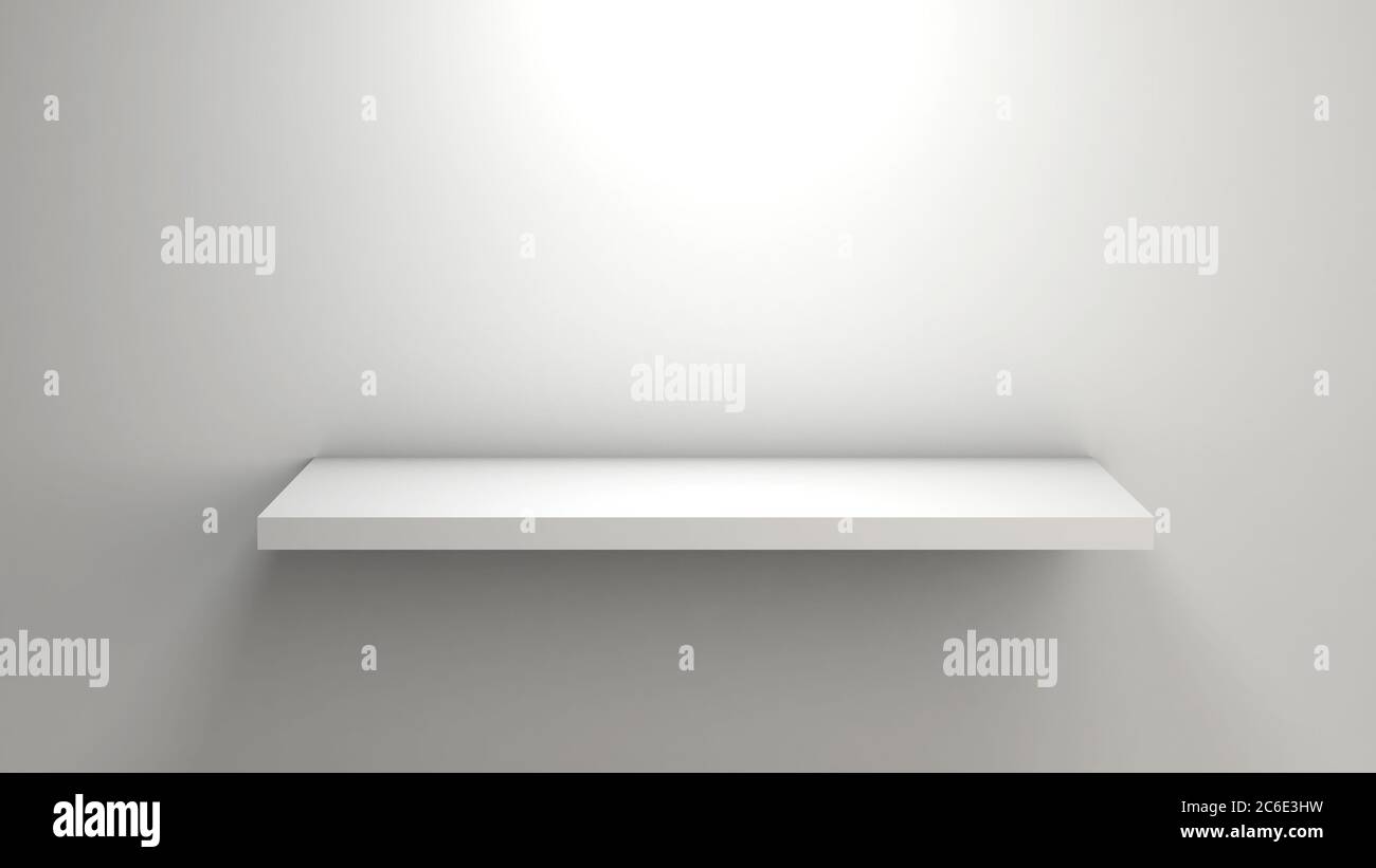 3D-Rendering eines leeren weißen Regals auf einer weißen Wand für eine minimalistische Produktpräsentation Stockfoto