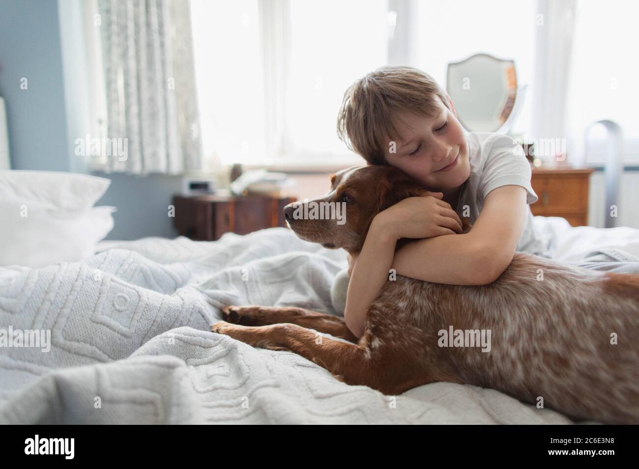Niedlicher Junge umarmenden Hund auf dem Bett Stockfoto