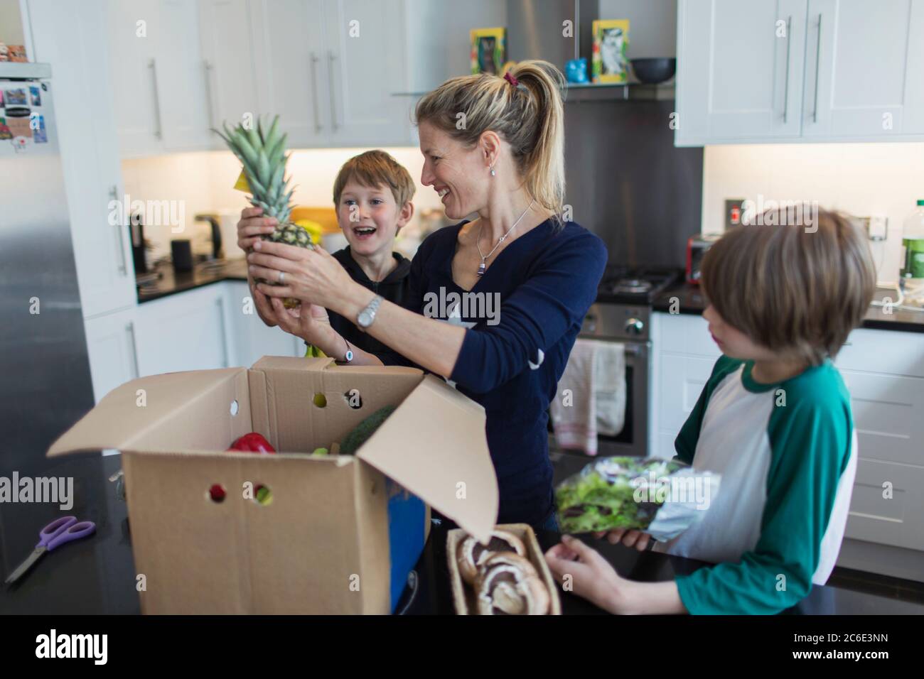 Glückliche Mutter und Söhne entladen frische Produkte aus der Box in der Küche Stockfoto