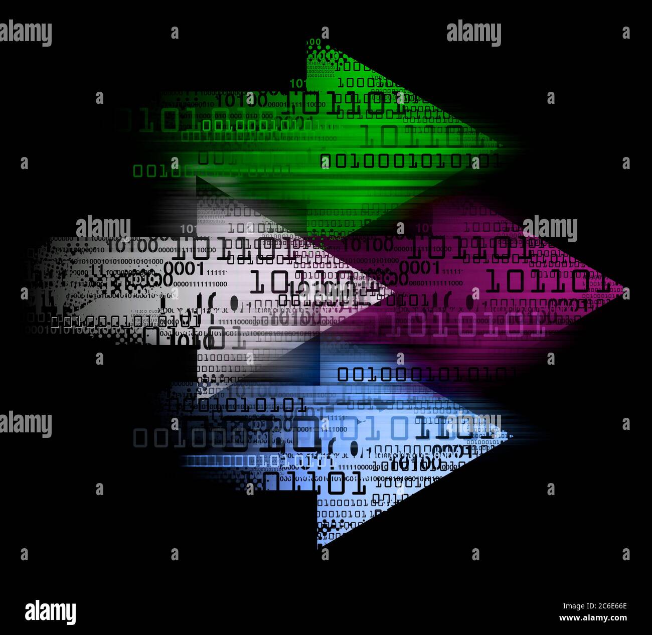 Bunte Grunge Pfeile mit Binärcodes. Abbildung von vier Grunge Pfeile mit Binärcodes symbolisiert schnelle Internet-Verbindung. Stockfoto
