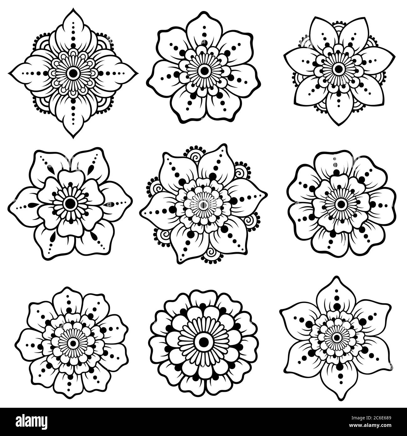 Set von Mehndi Blumenmuster für Henna Zeichnung und Tattoo. Dekoration im ethnischen orientalischen, indischen Stil. Stock Vektor