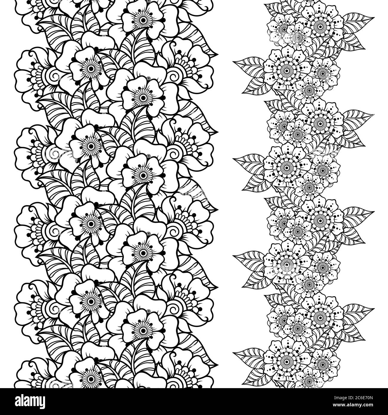 Set von nahtlosen Blumenrahmen für Design, Anwendung von Henna, Mehndi und Tattoo. Dekoratives Muster im ethnisch-orientalischen Stil. Stock Vektor