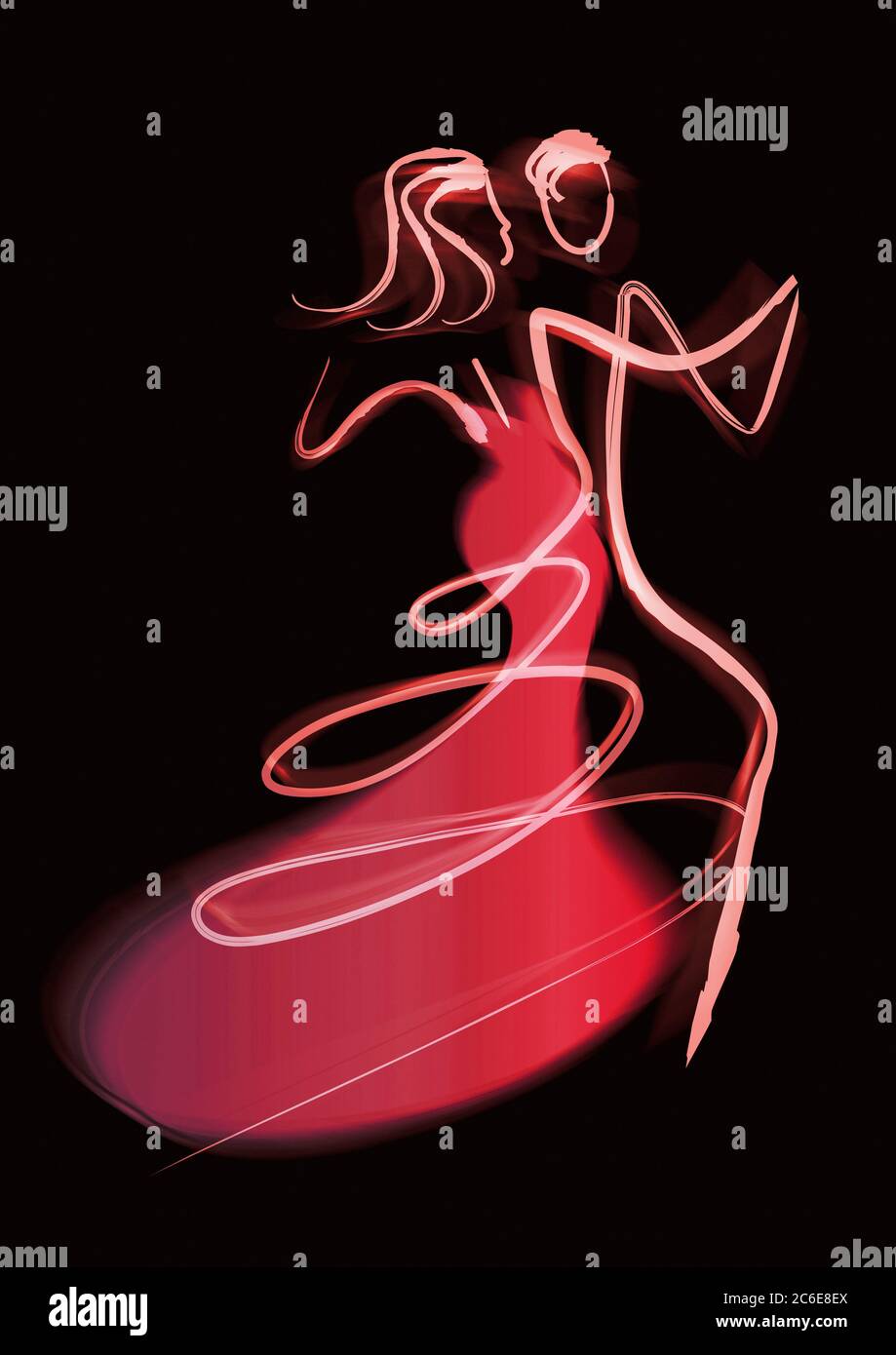Tänzer koppeln, lineart verschwommene Silhouetten. Ausdrucksstarke stilisierte rote Illustration des Tanzes des jungen Paares. Stockfoto