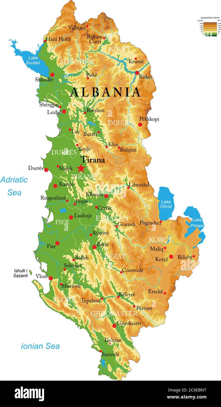 Sehr detaillierte physische Karte von Albanien, im Vektorformat, mit allen Reliefformen, Regionen und großen Städten. Stock Vektor