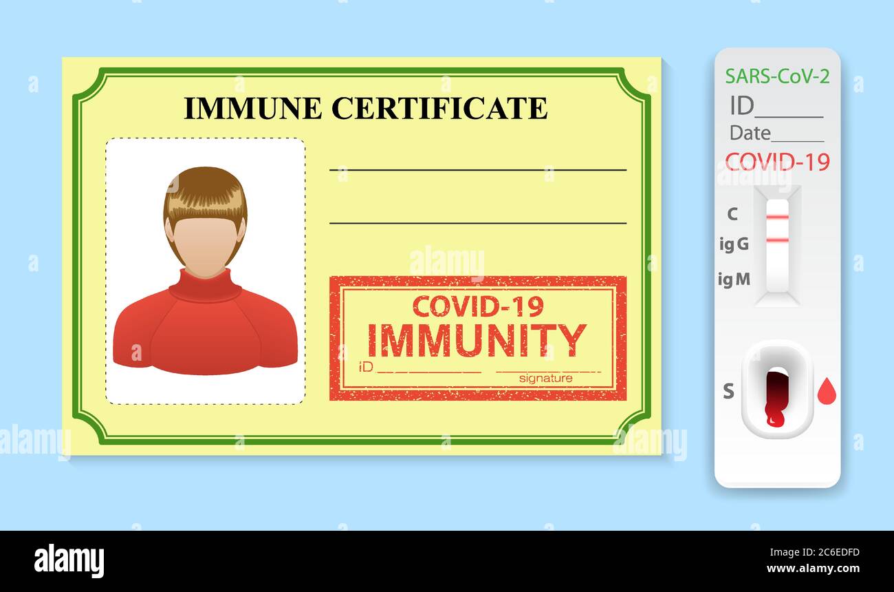 Immun-Zertifikat in Form von Karte und Schnelltest für Antikörper Coronavirus. Arbeitskennung für Person ist immun gegen Virus SARS-Krankheit. Risikofreies Abzeichen f Stock Vektor