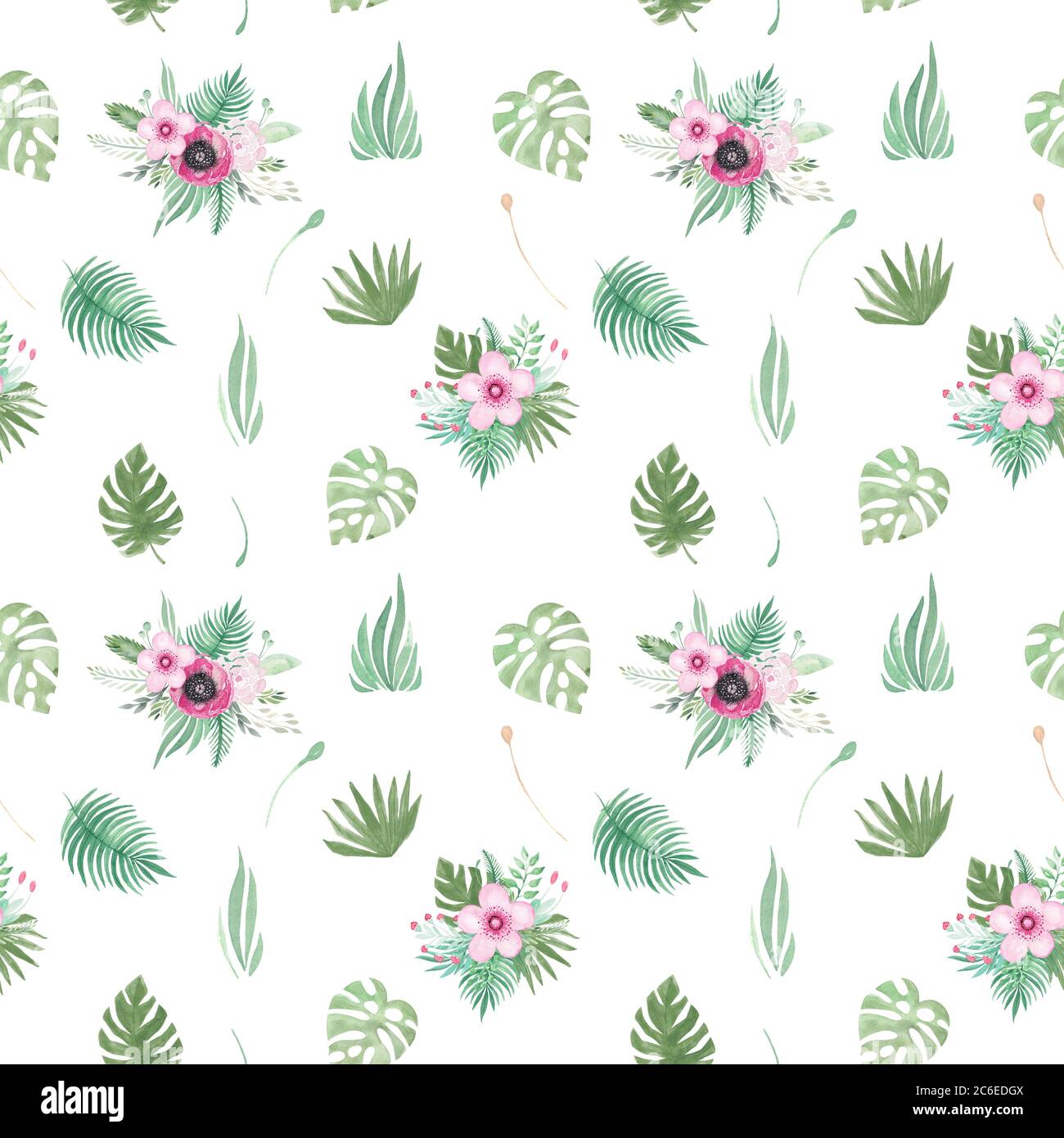 Aquarell nahtlose Muster aus floralen Elementen auf weißem Hintergrund. Rosa Blüten rosa Mohnblätter, tropische Blätter Palmblatt. Botanisches Muster Stockfoto