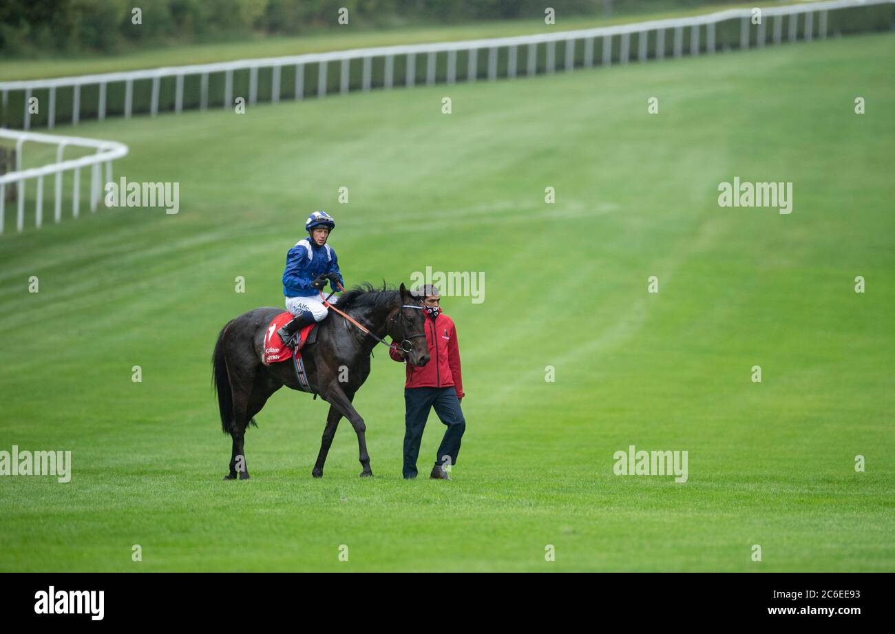 Al Aasy wurde von Jim Crowley gefahren, nachdem er am ersten Tag des Moet and Chandon July Festivals auf der Newmarket Racecourse die Bahrain Trophy Stakes gewonnen hatte. Stockfoto