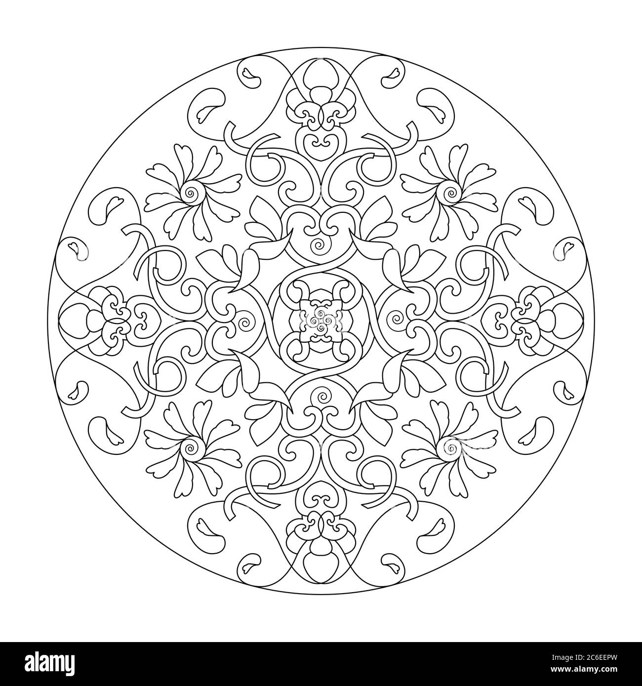 Mandala Malseite. Herzen, Spiralen, Blumen und Vögel. Stock Vektor