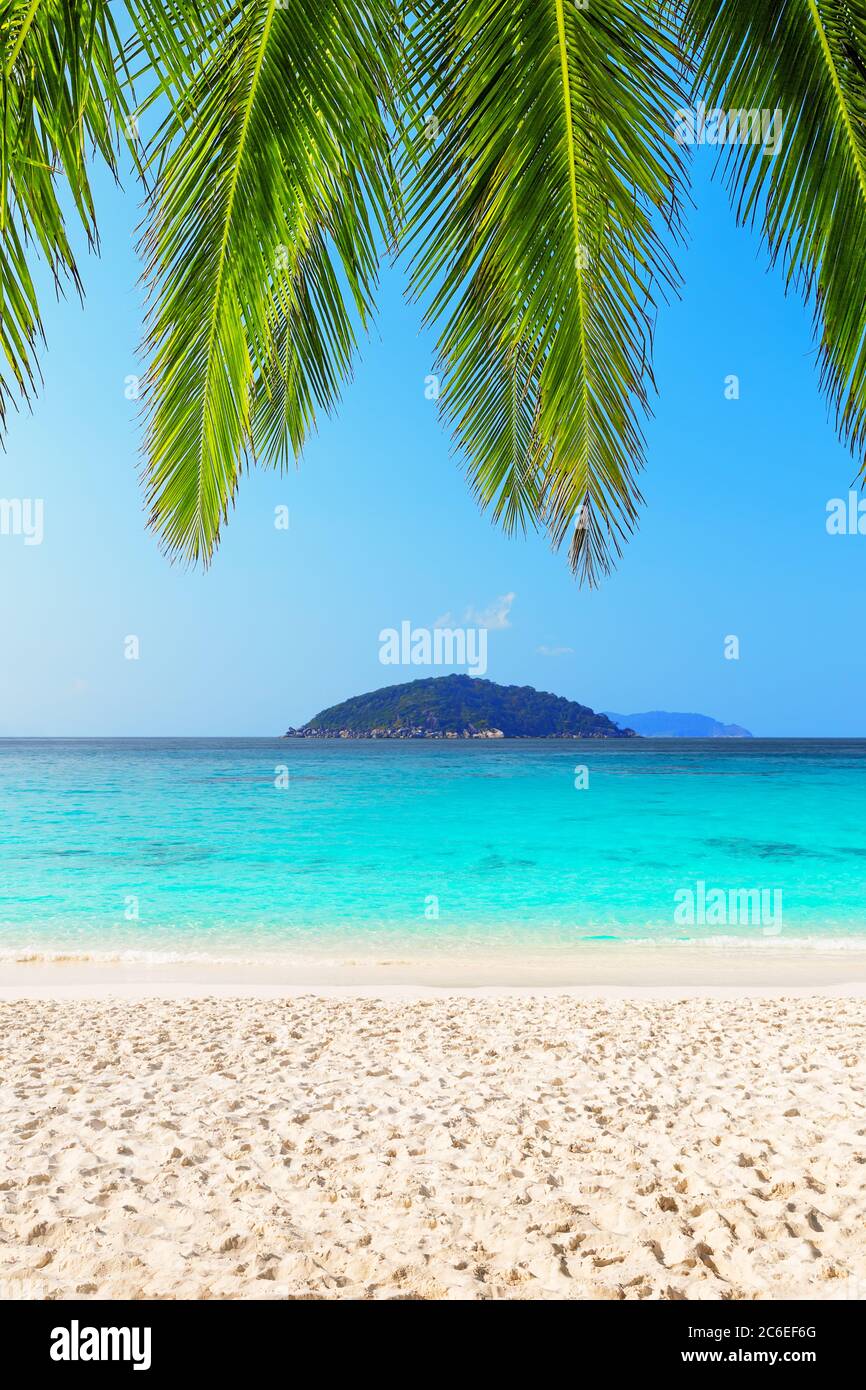 Schöner Strand und blauer Himmel auf Similan Inseln, Thailand. Urlaub Urlaub Urlaub Hintergrund Wallpaper. Blick auf den schönen tropischen Strand. Reisen Sommerurlaub Stockfoto