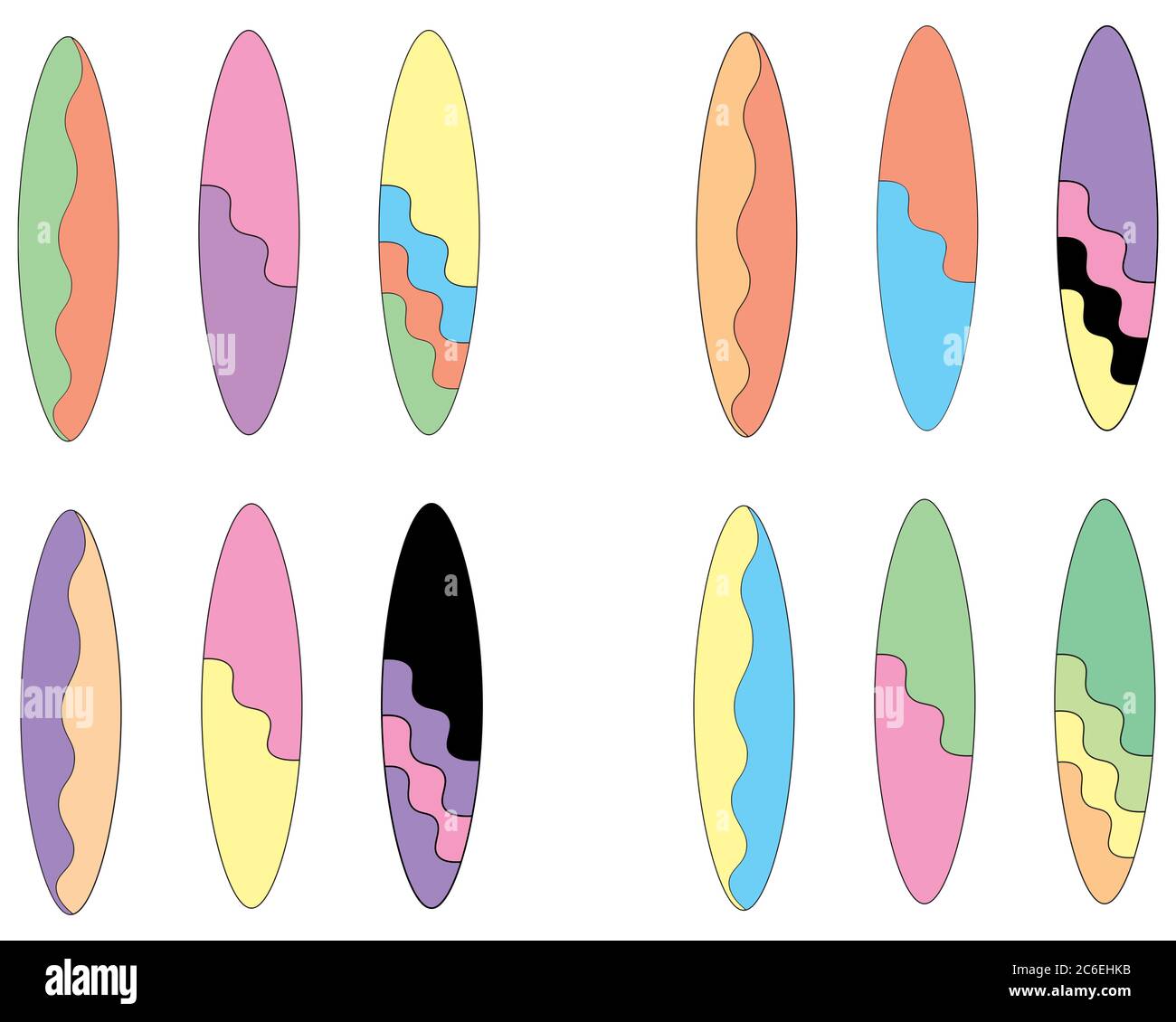 Ein Set von flachen Design Surfbrett Illustrationen in coolen Farben für den Sommer Stockfoto