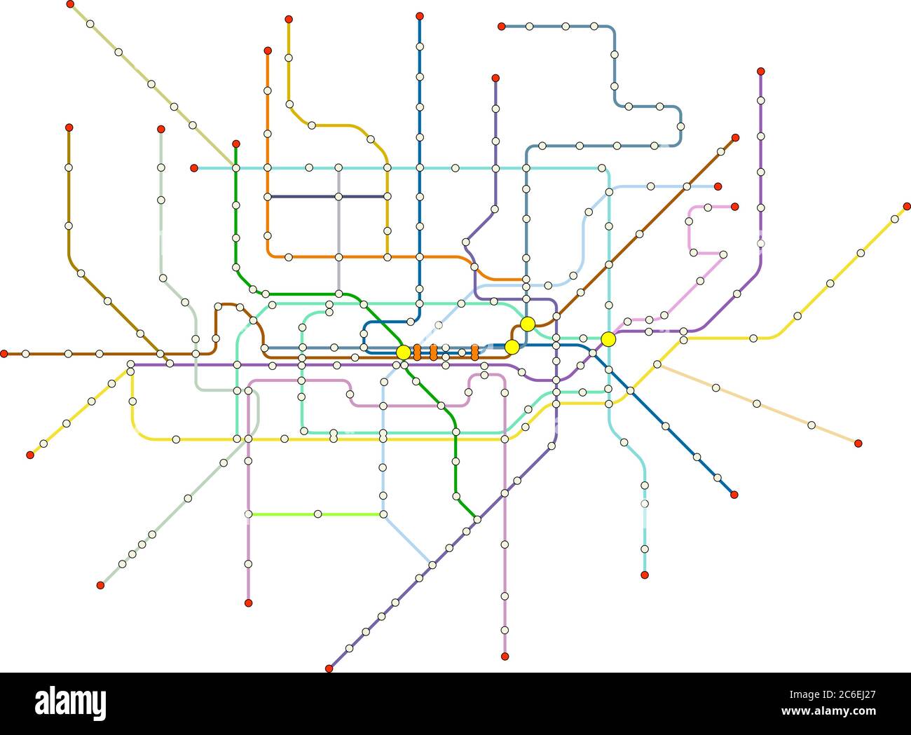 Fiktiver U-Bahnplan, öffentliche Verkehrsmittel, Karte, freier Kopierplatz Stock Vektor